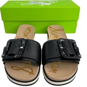 NEW Sam Edelman Platform Buckle Slides Sandals Size 9.5 Black Leather Flats